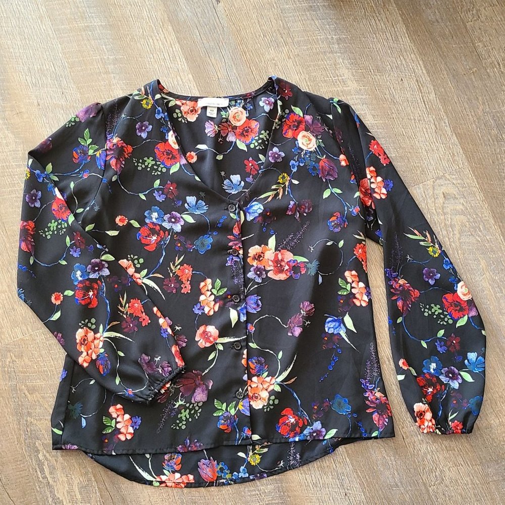 Allison Joy V-neck Floral Button Down Blouse - Sz XS USA Made